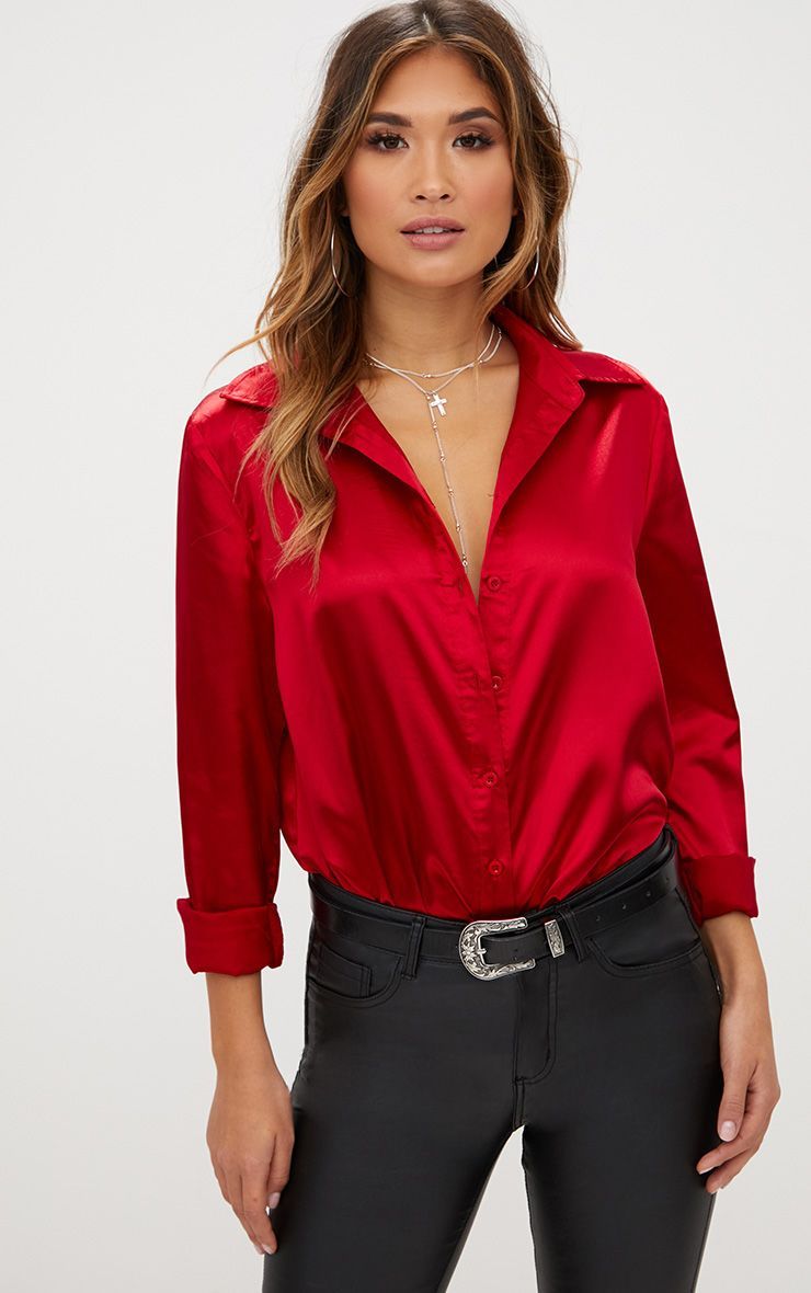 Oversized Red Colour Satin Silk Shirt